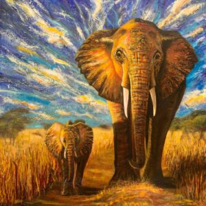Painting of mother elephant walking with baby elephant on savanah